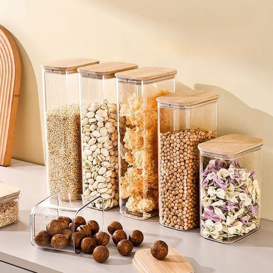 Recipientes de vidro com tampas de bambu
