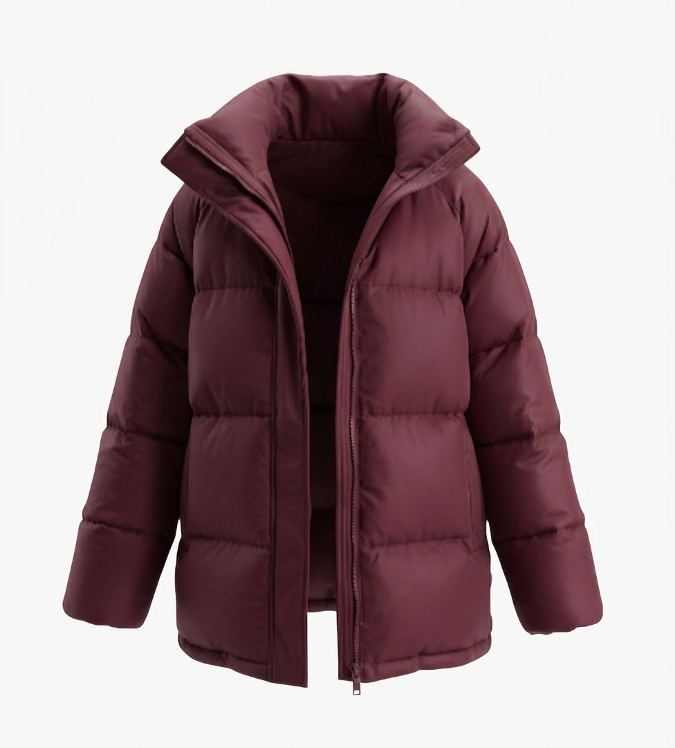 Women's short padded winter coat with high stand-up collar and concealed button placket