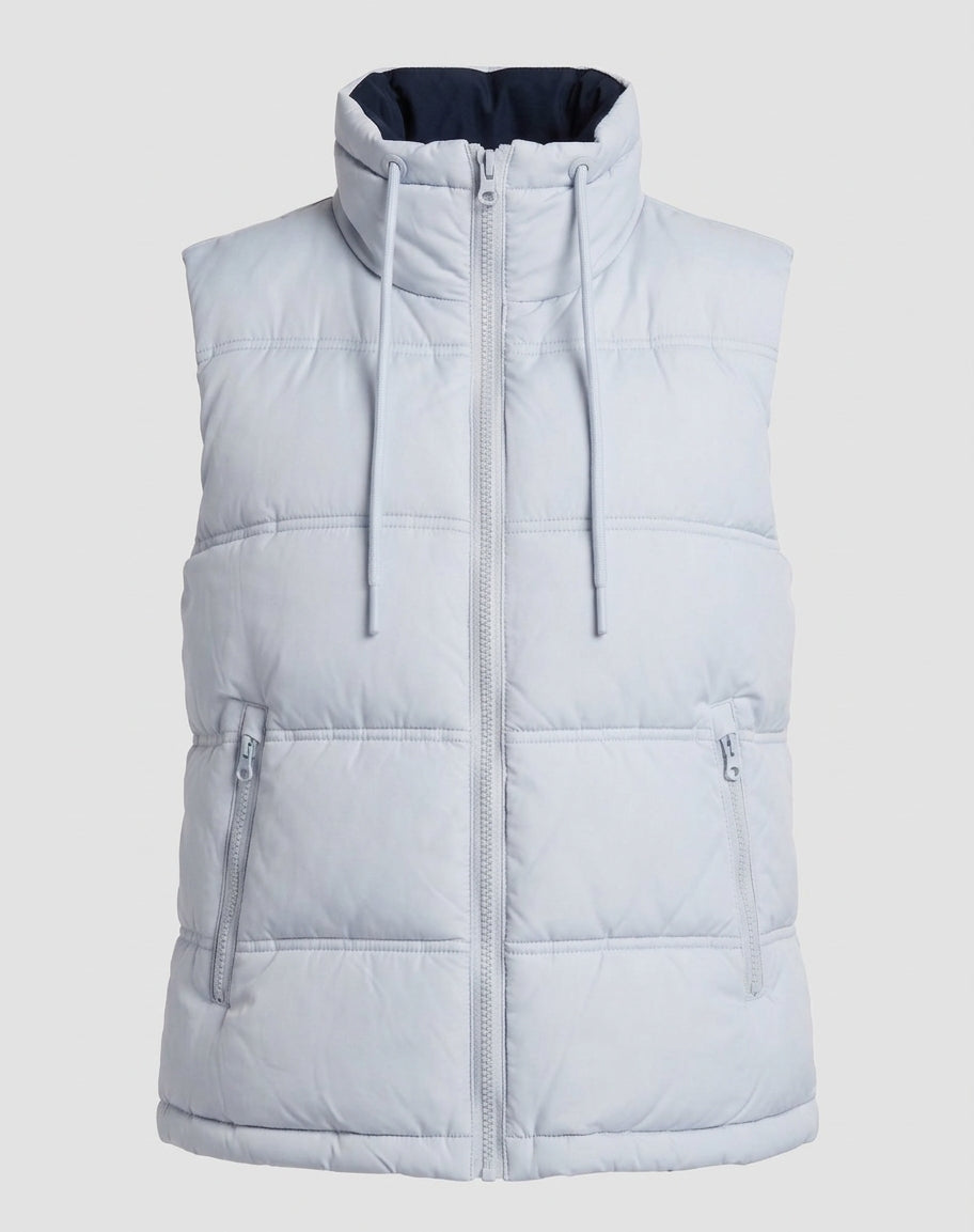 Women's quilted sleeveless thermal vest with high stand-up collar and adjustable hem