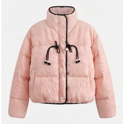 Women's short quilted puffer jacket with high standing collar, textured structure, and decorative drawstrings