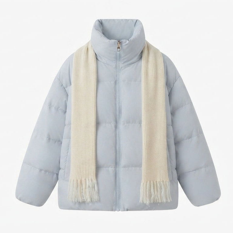 Women's compact quilted jacket with overlapping shawl collar and voluminous sleeves
