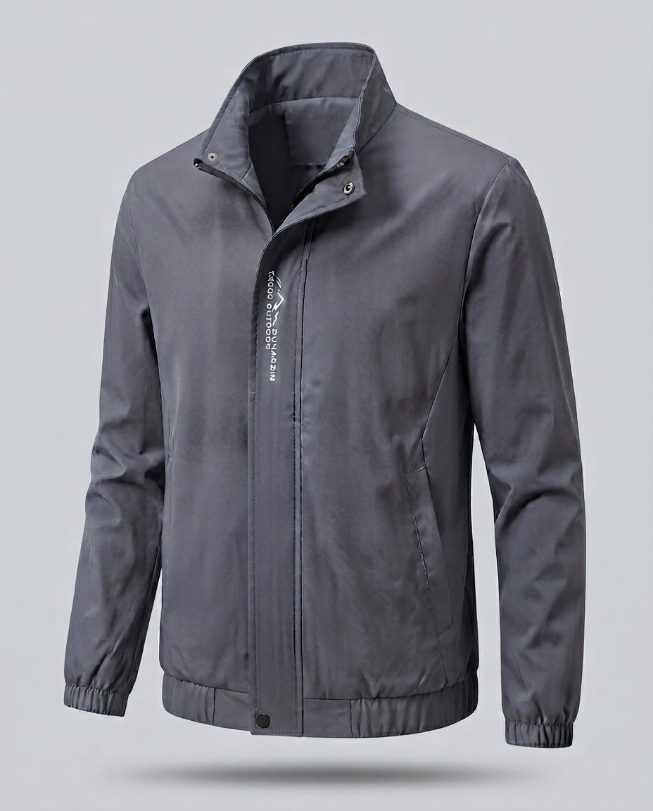 Men's lightweight microfiber windbreaker with stand-up collar, water-repellent surface, and concealed pockets