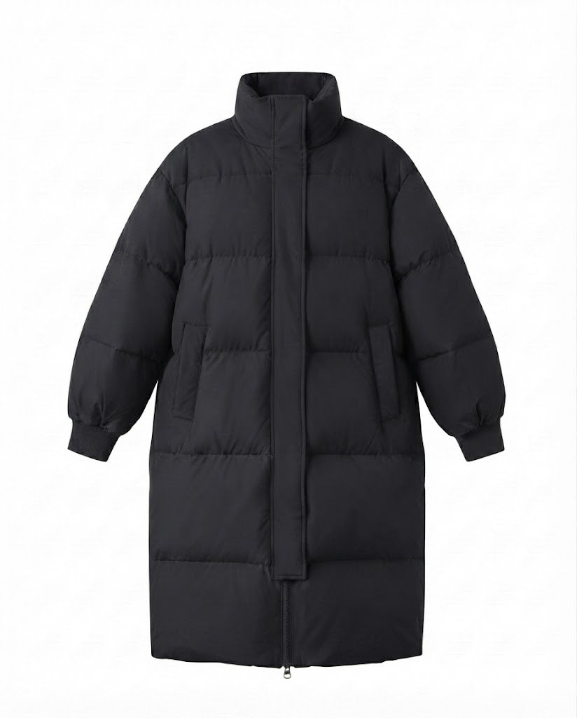 Women's longer noise-reducing thermo quilted coat with ergonomic stand collar and shoulder flaps detail