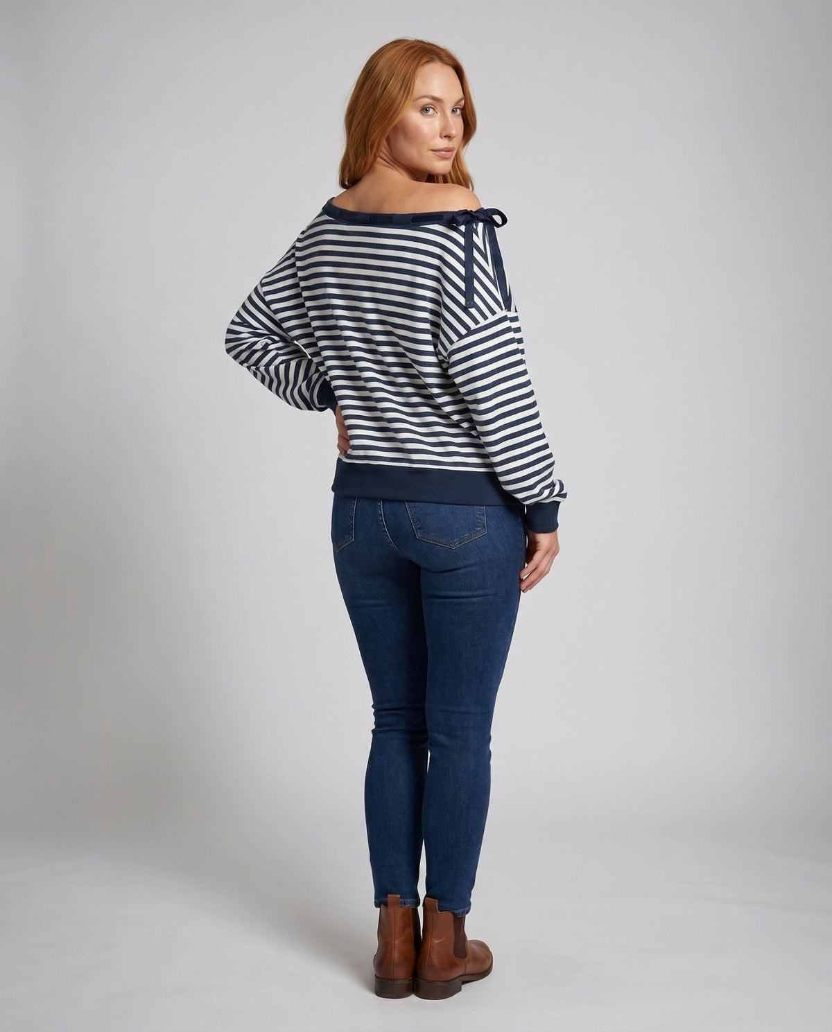 Women's casual asymmetric sweatshirt with stylish stripe pattern and shoulder details - Chichicherry