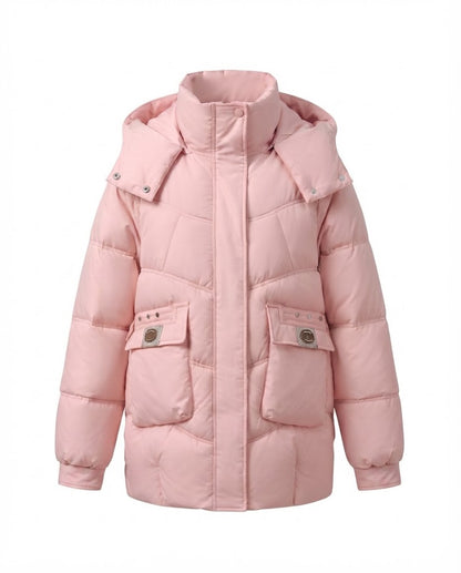 Women's mid-length padded parka with high stand-up collar flap, stowable hood, and large cargo pockets
