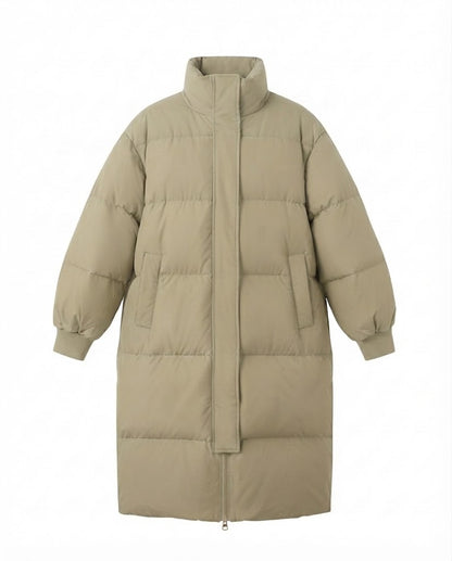 Women's longer noise-reducing thermo quilted coat with ergonomic stand collar and shoulder flaps detail