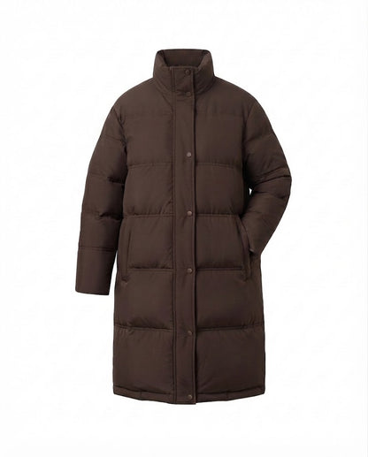 Ladies long-cut quilted thermal coat with hood, two-way zipper and side zip vents