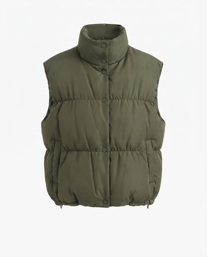 Ladies' puffy insulation vest with square construction and high stand-up collar
