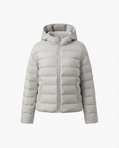 Women nan minimalist short thermo quilted jacket with ergonomic hood, tailored seam design and windproof outer shell