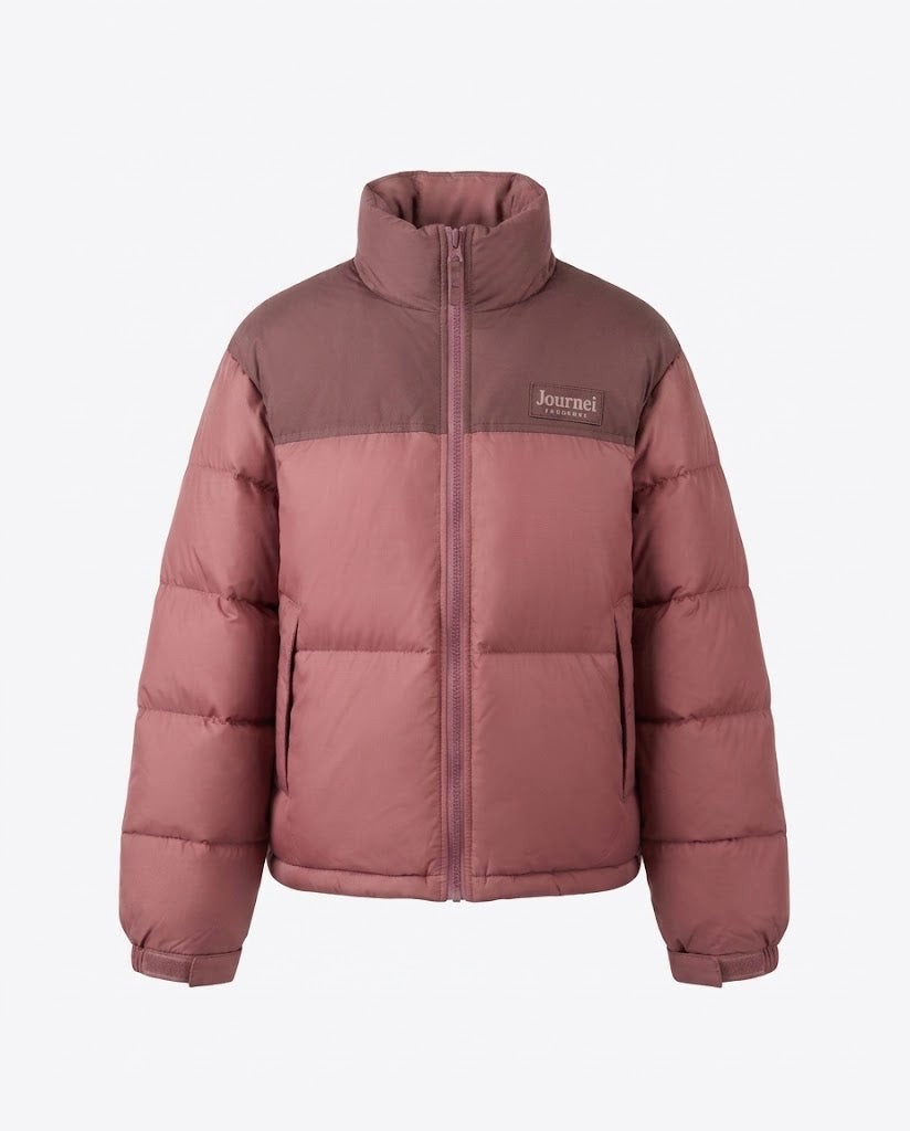 Women's short padded puffer jacket with high collar and contrasting shoulder yoke