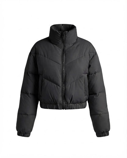 Women's cropped padded puffer jacket with high stand-up collar and elastic hem