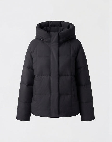 Women's short quilted hooded parka with light thermal filling, square quilting and adjustable drawstring hem