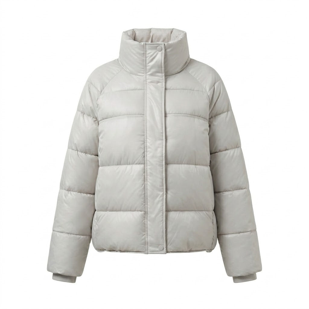 Women's padded oversized quilted jacket with high stand-up collar and adjustable drawstring