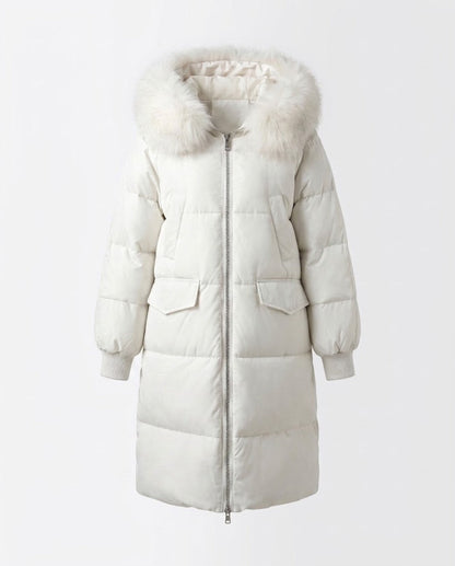 Women's longer padded hooded coat with removable fur trim and two-way zip