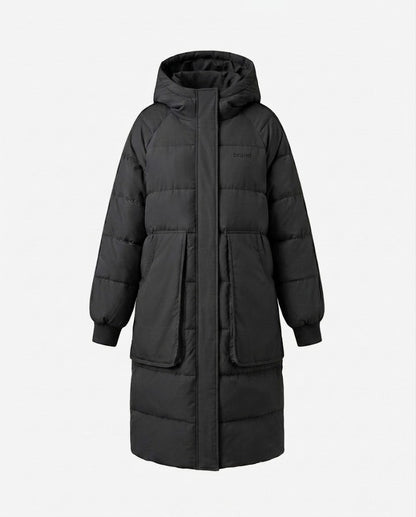 Women's longer padded hooded coat with oversized patch pockets, elastic cuffs, and concealed two-way zipper