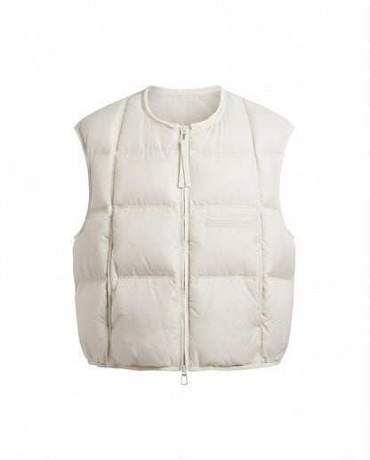 Women's ultra-lightweight padded sleeveless thermal vest with round neckline, square quilting, and adjustable drawstring hem.