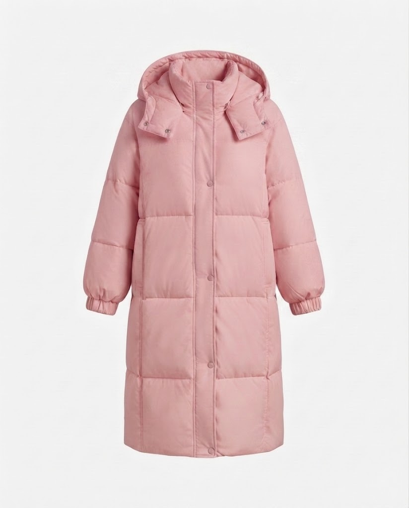 Women's longer minimalist padded coat with high wrap collar and straight square quilting seams