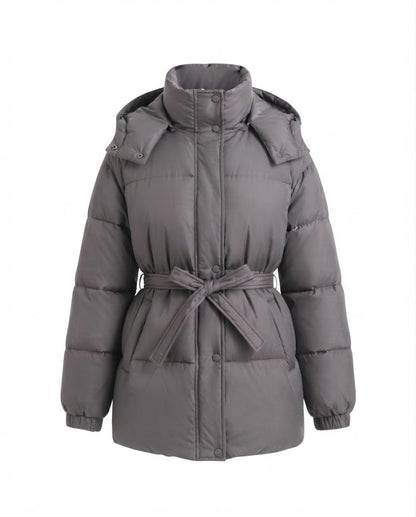 Women's mid-length quilted winter coat with tie belt, high stand-up collar and snap button placket