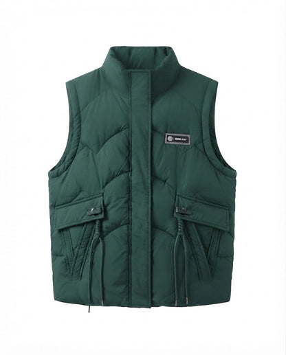 Women's lightweight thermal quilted vest with integrated hooded inner collar, multifunctional outer pockets, and adjustable drawstring.