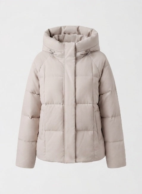 Women's short quilted hooded parka with light thermal filling, square quilting and adjustable drawstring hem