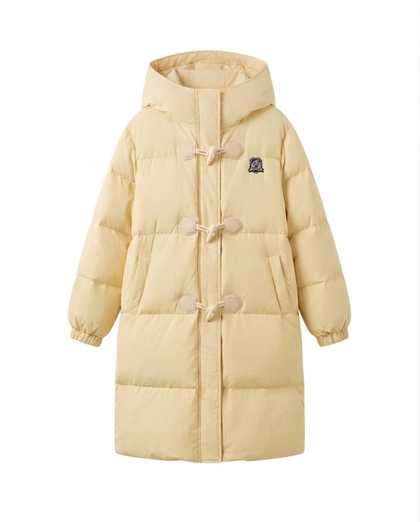 Women's longer thermal puffer coat with toggle-button front, oversized boxy cut and travel silhouette
