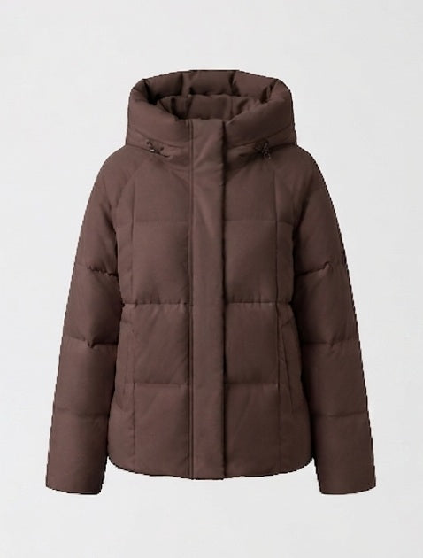 Women's short quilted hooded parka with light thermal filling, square quilting and adjustable drawstring hem
