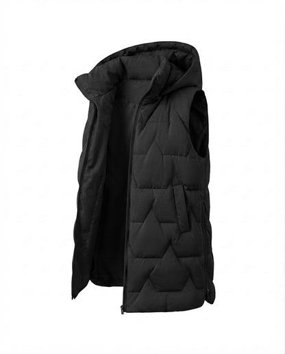 Women's long quilted hooded vest with zigzag stitching, high stand-up collar and side zip pockets
