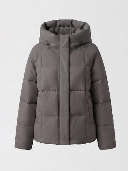 Women's short quilted hooded parka with light thermal filling, square quilting and adjustable drawstring hem