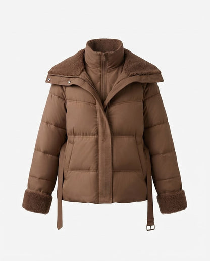 Women's short padded quilted parka with voluminous teddy collar, fitted belt, and concealed zipper