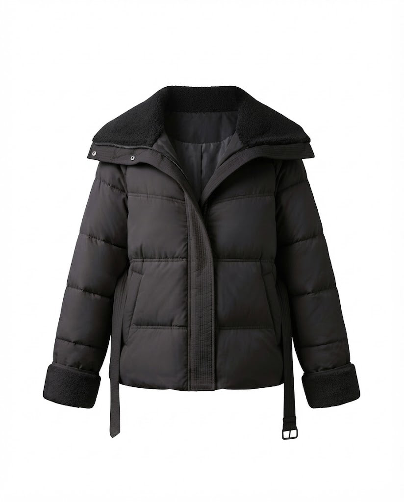 Women's short padded quilted parka with voluminous teddy collar, fitted belt, and concealed zipper