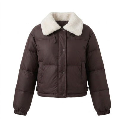 Women's short padded puffer with teddy collar, concealed snap button placket and travel insulation
