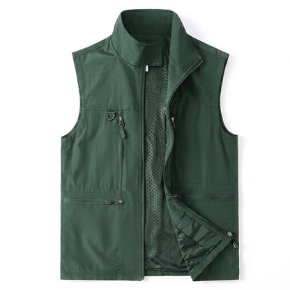 Men's Multifunctional Outdoor Vest with Mesh Lining, High Collar and Zip Pockets