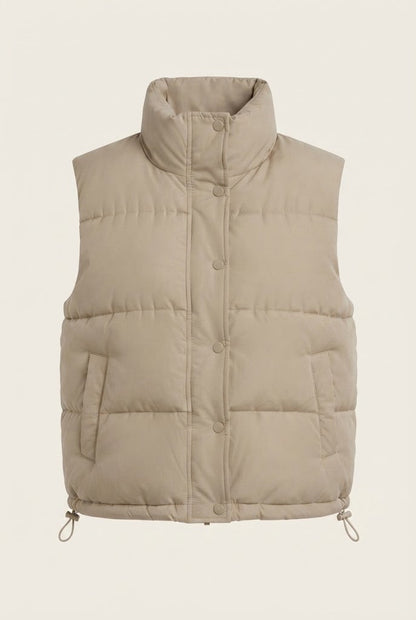 Ladies' puffy insulation vest with square construction and high stand-up collar