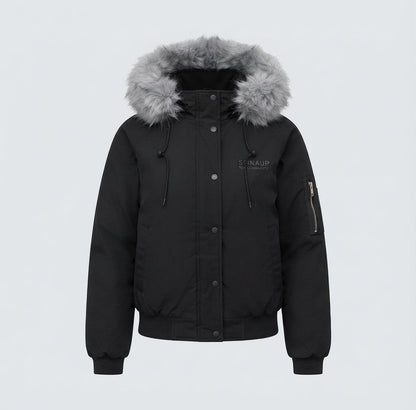 Women's short quilted city bomber with voluminous hood, drawstring, and windproof thermal lining