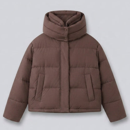 Women's nan boxy short quilted jacket with extra high hood trim and soft cuffs