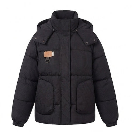 Women's short-cut oversized winter parka with padded cargo pockets and high-closure stand-up collar