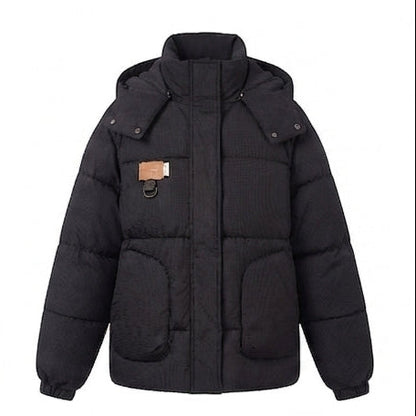 Women's short-cut oversized winter parka with padded cargo pockets and high-closure stand-up collar