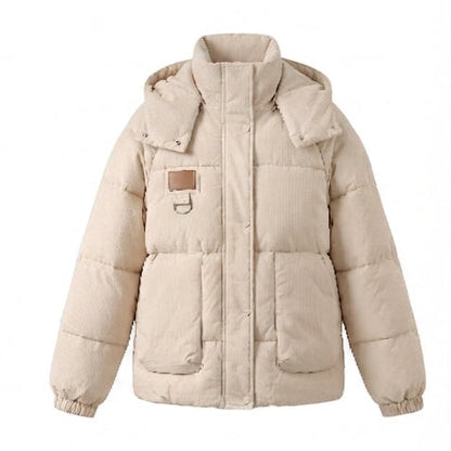 Women's short-cut oversized winter parka with padded cargo pockets and high-closure stand-up collar