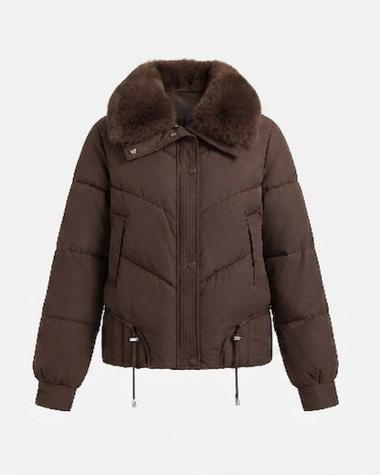 Women's short boxy puffer with extra-soft shawl collar in faux fur look and adjustable hem