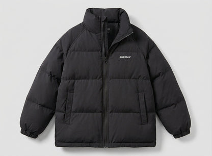 Women's unlined boxy puffer jacket with high stand-up collar, raglan sleeves, and clean logo