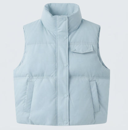 Women’s short padded quilted vest with high collar and concealed zipper placket