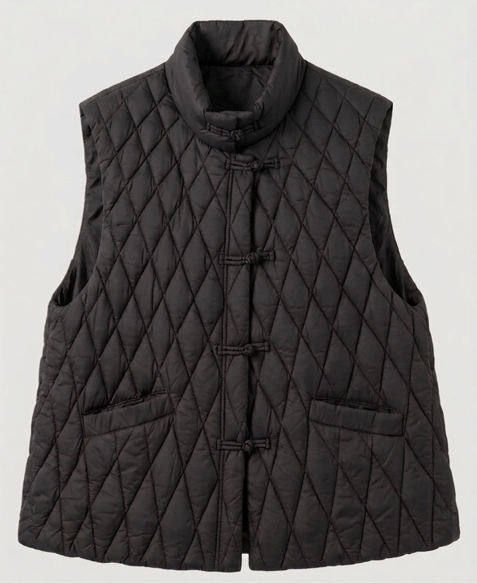 Women's quilted sleeveless jacket with mandarin collar and decorative knot closures
