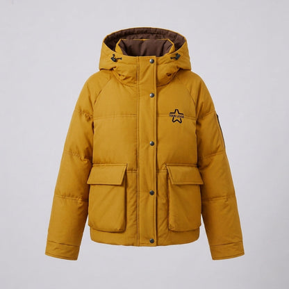 Women's nan boxy puffer jacket with concealed two-way front, contrasting inner panel and functional flap pockets