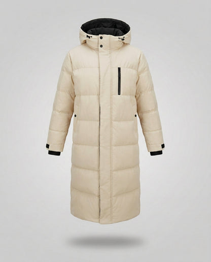 Women's extra long padded thermal coat with integrated hood, concealed two-way zipper and trendy block quilting