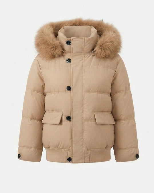 Ladies' short quilted bomber with removable faux fur collar and spacious flap pockets