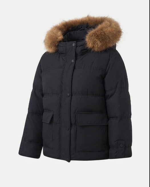 Ladies' short quilted bomber with removable faux fur collar and spacious flap pockets