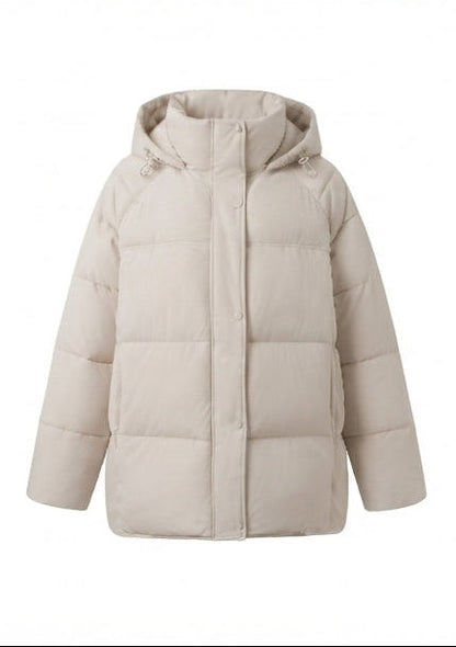 Women's short padded winter coat with high stand-up collar and concealed button placket