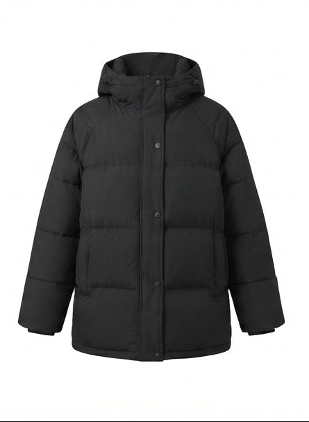 Women's short padded winter coat with high stand-up collar and concealed button placket