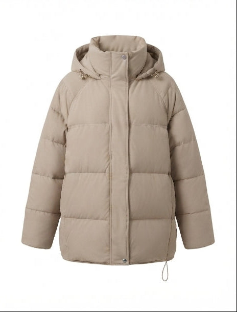 Women's short padded winter coat with high stand-up collar and concealed button placket
