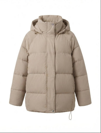 Women's short padded winter coat with high stand-up collar and concealed button placket